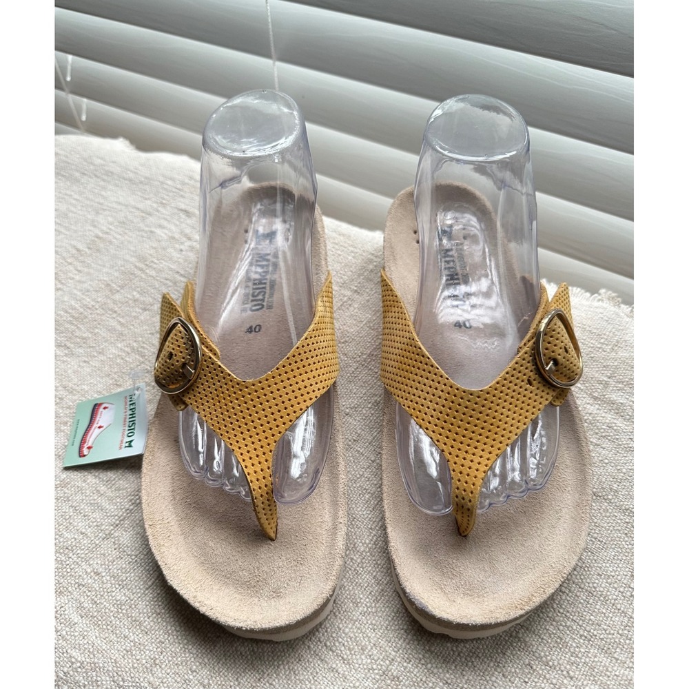 Mephisto Helen Yellow Perforated Leather Thong Sandals Buckle Slides Womens 40